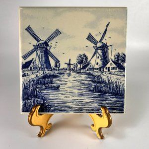 Vtg Joa Delft Blue Hand Painted Dutch Tile Windmills Motif Wall Art Hang V B